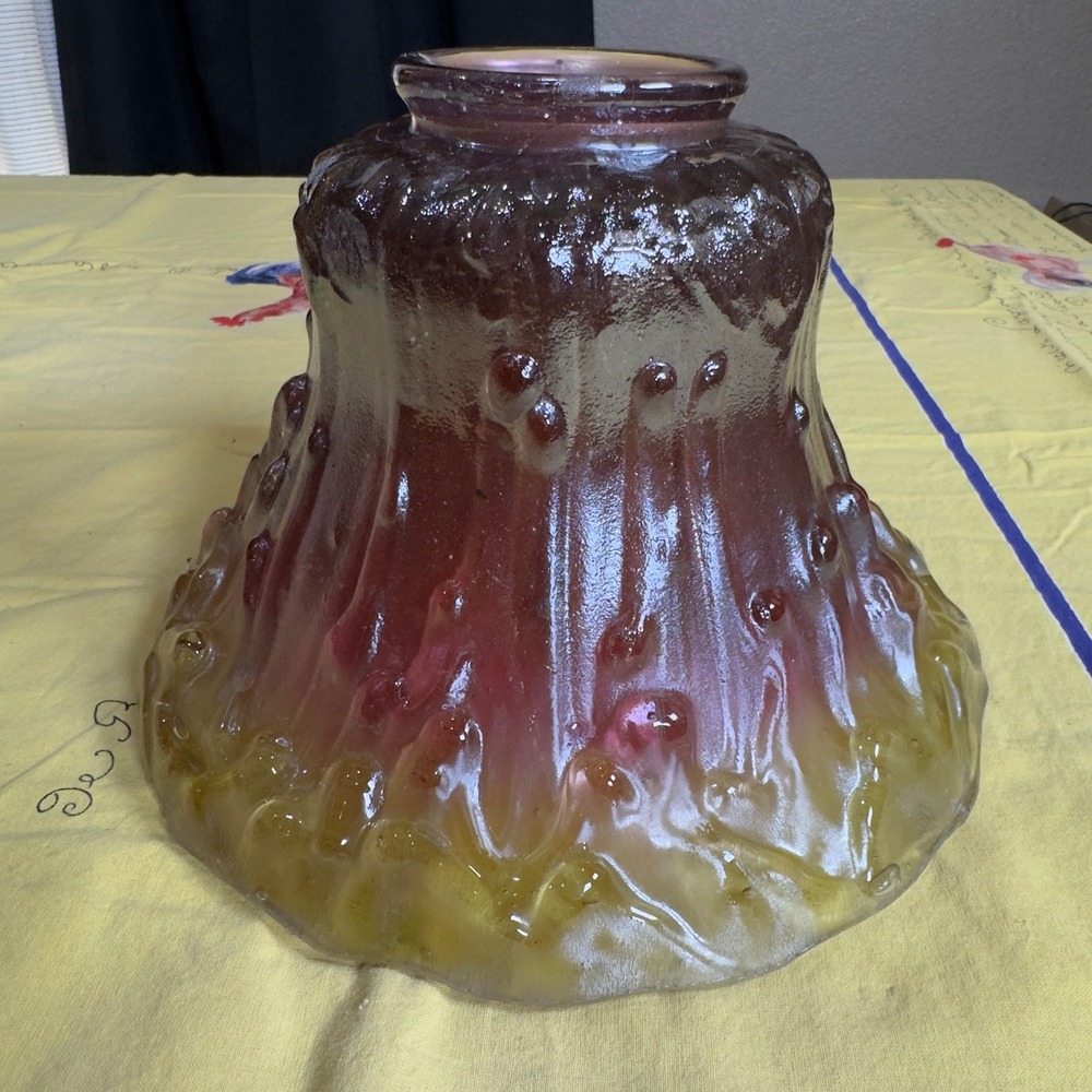VTG 70s Cranberry Amber Carnival Glass Lamp Shade Tree Bark 3" Fitter 9.5" Wide